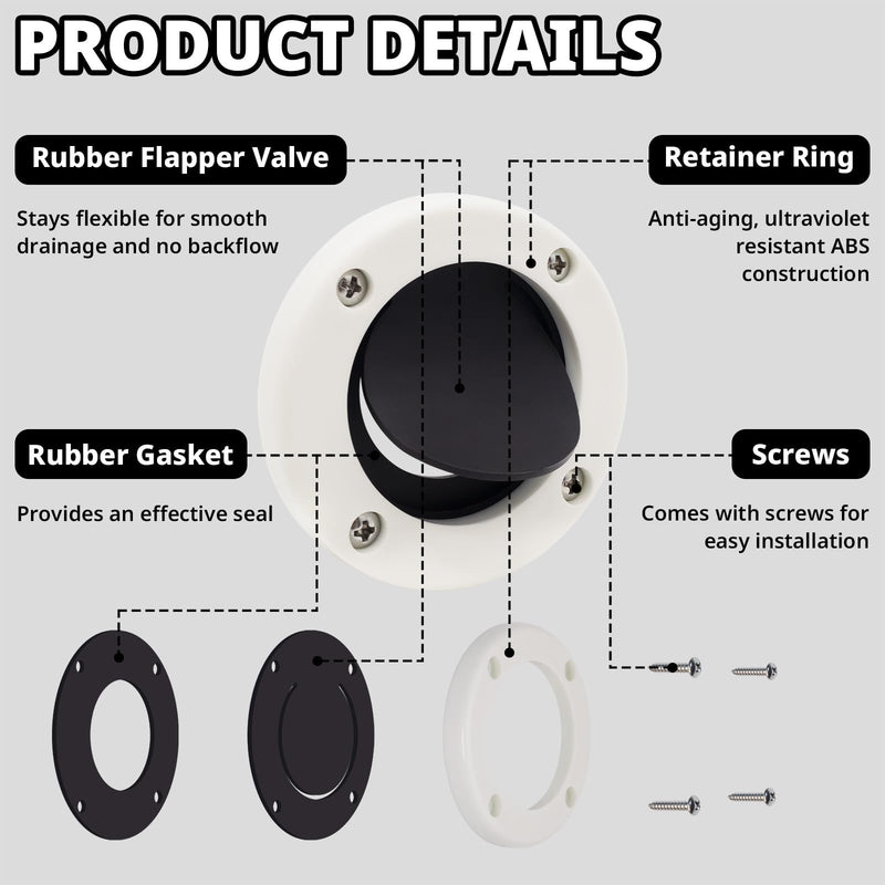 Boat Scuppers, Boat Self-Bailing Cockpit Mounted Scupper Valve Kit, Includes 2-7/8 inch Rubber Flapper Valve, Gasket, Retainer Ring and Screws, Suitable for Yachts, Fishing Boats, RVs 4 Packs