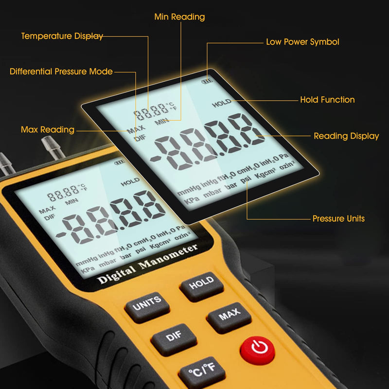 Manometer, Professional Air Pressure Meter, Dual-Port HVAC Digital Manometer Gas Pressure Tester,12 Selectable Units Differential Pressure Gauge