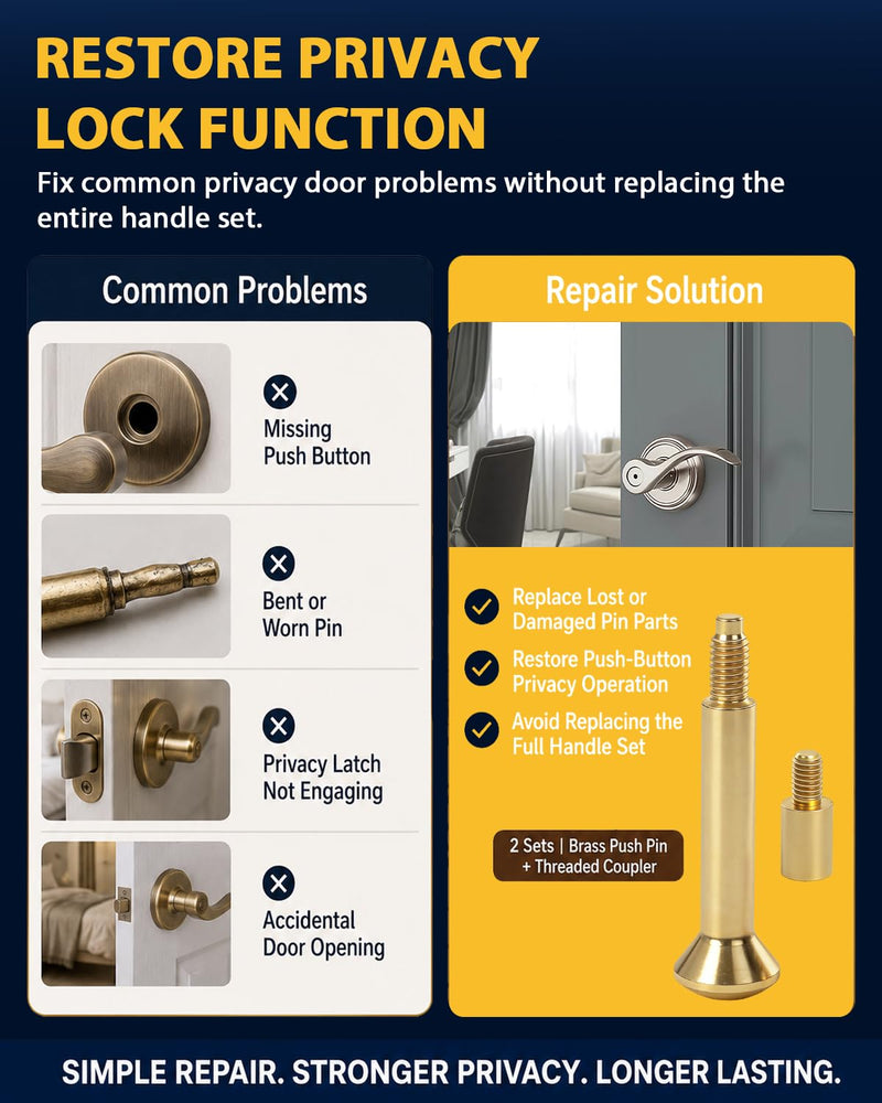2Pack 5513.0030 Privacy Pin Assembly Compatible with Baldwin Estate Lever Privacy Latches, Solid Brass Push Pin and Threaded Coupler for Bedroom Bathroom Door Handles