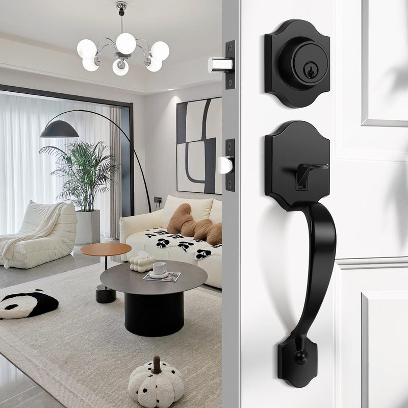 Probrico Black Heavy Duty Front Entry Handleset,Entry Door Locksets with Deadbolt Single Cylinder,Passage Lock Grip Handle with Wave Lever and Deadbolt Set,1 Set 1