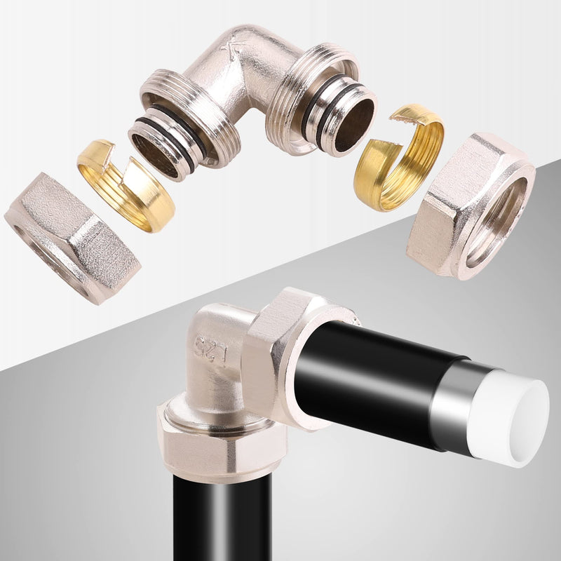 2PC 3/4’’ Elbow Air Piping Fittings, 3/4’’ Tubing x 3/4’’ Tubing, Brass-Nickel Plated, 200PSI, Air Tubing Fittings For Shop Garage Compressed Air line System Kit