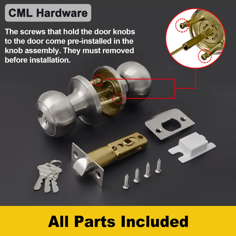 CML Hardware Keyed Entry Door Knob Set, Entrance Door Lock in Solid Stainless Steel for Exterior and Interior, Round Ball Handle, 1 Pack Stain Stainless