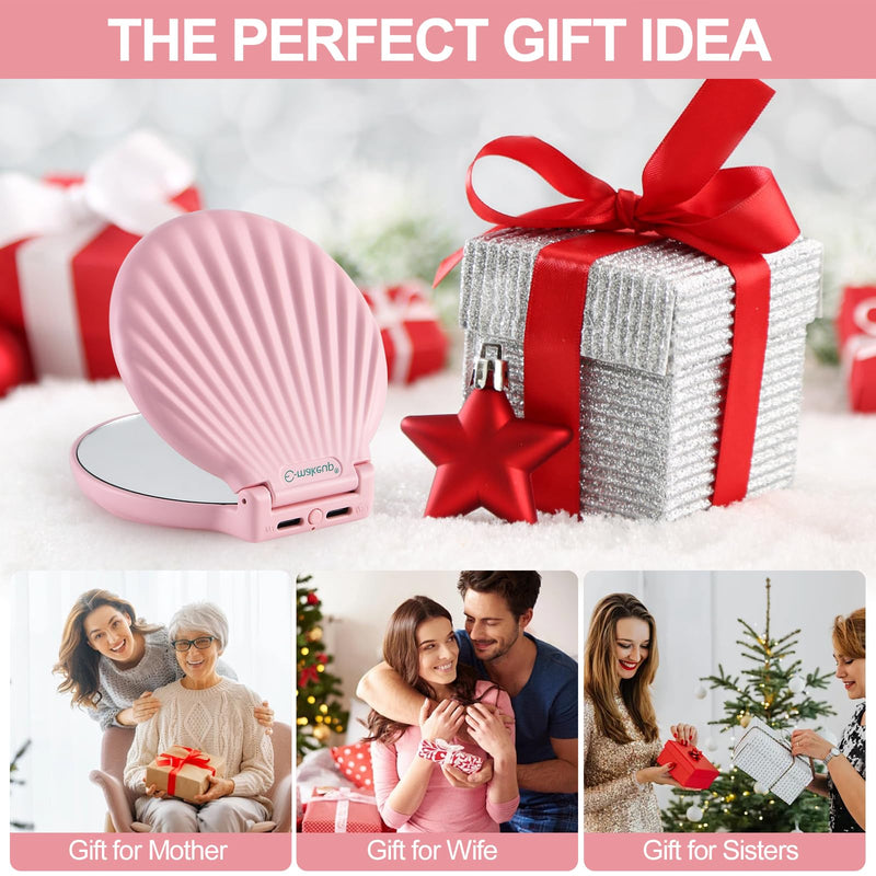Compact Makeup Mirror with Lights - 3.5" Portable, 2-Sided, Lightweight & Shatterproof, Folding Magnifying Mirror 2X/10X, Small Gift for Women Pink