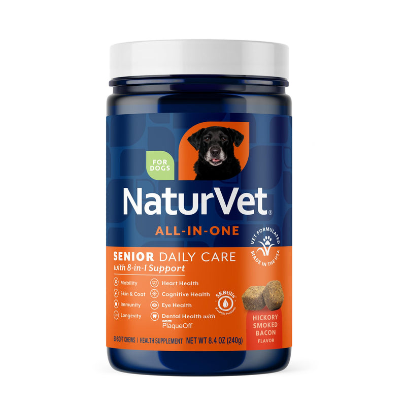 NaturVet All-in-One Senior Dog Daily Care Supplement, 8-in-1 Support Dog Soft Chews for Mobility, Skin, Heart, Teeth, Cognition, Eyes, Hickory Smoked Bacon Flavored Pet Supplement for Dogs, 60 Count Senior- 60 Soft Chews