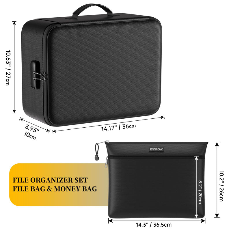 ENGPOW Fireproof Document Bag with Lock,File Organizer Set with Zipper Money Case,5 Layers Protection Fireproof Safe Storage for Important Documents,Passport,Laptop,14.2"*10.6"*4",Soft Case Black