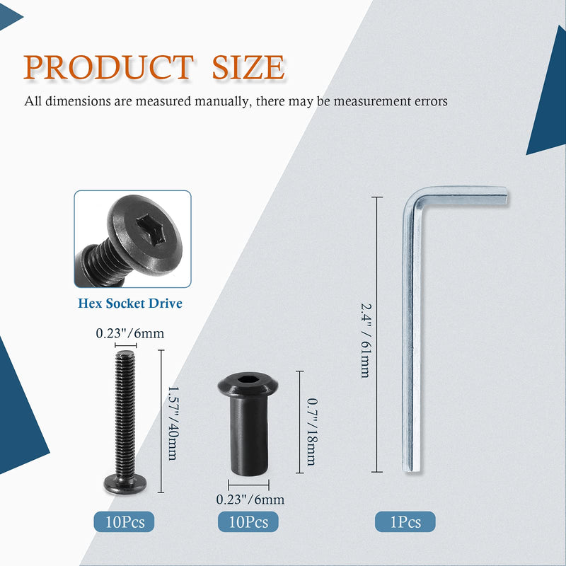 10 Pair(20 Piece) M6x40mm Hex Drive Socket Cap Bolt with Allen Wrench, Black Furniture Connector Bolts M6 Countersunk Screw Barrel Nuts Binding Screws for Crib Replacement Belt Cabinet