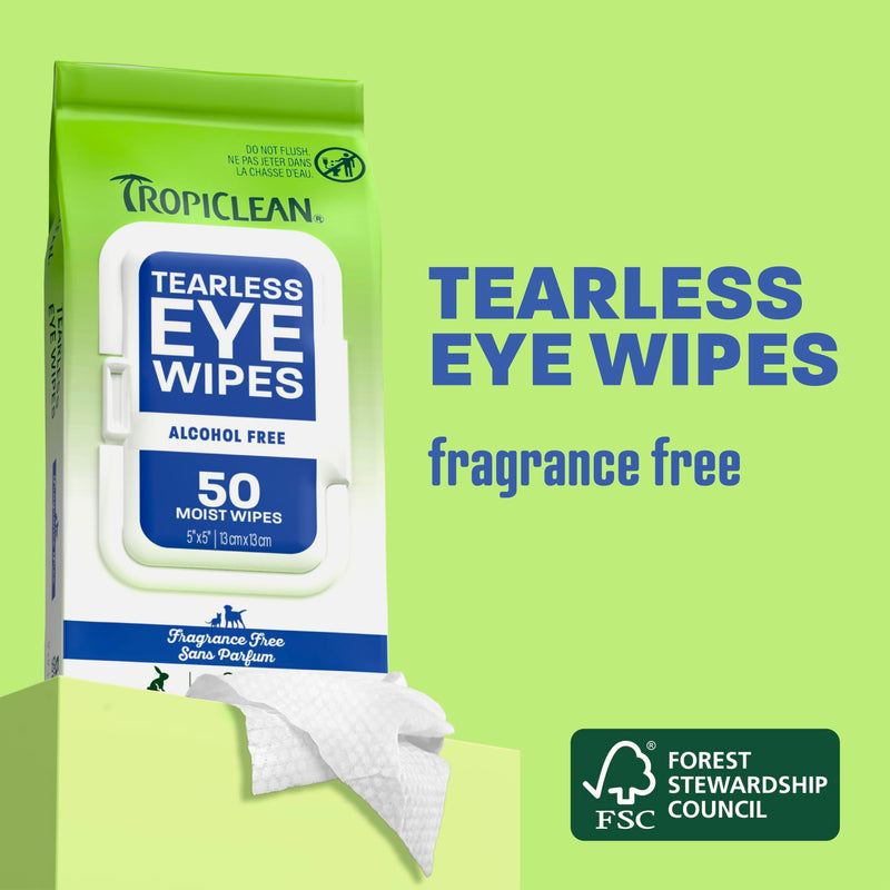 TropiClean Tearless Dog Eye Wipes, Dermatologist Approved Tear Stain Remover for Dogs & Cats, Gentle & Safe for Daily Use, Made in USA, 50ct.