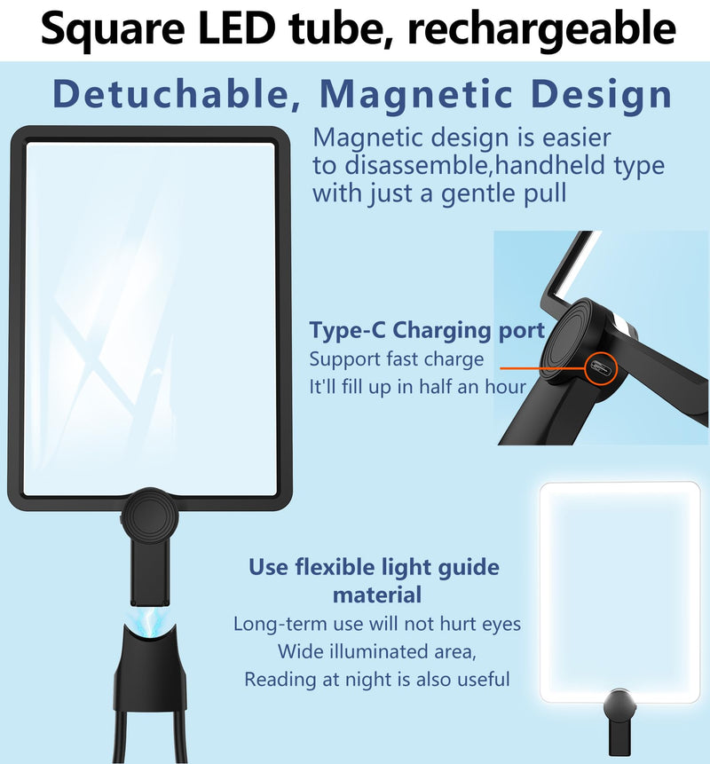 10X Large Rechargeable Magnifying Glass with Light, Hands-Free Neck Wear Full Page Magnifier with 50 LED Lights & Adjustable Brightness for Seniors Reading, Crafts, and Low Vision Tasks