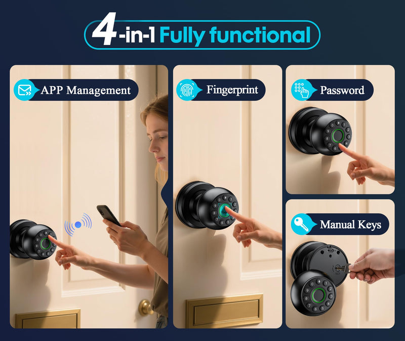 Pulido Fingerprint Door Lock | App Available But Not Required | Keypad Door Knob with Real Buttons | Smart Fingerprint Door Knob for Bedroom, Office, and Apartment FQ1