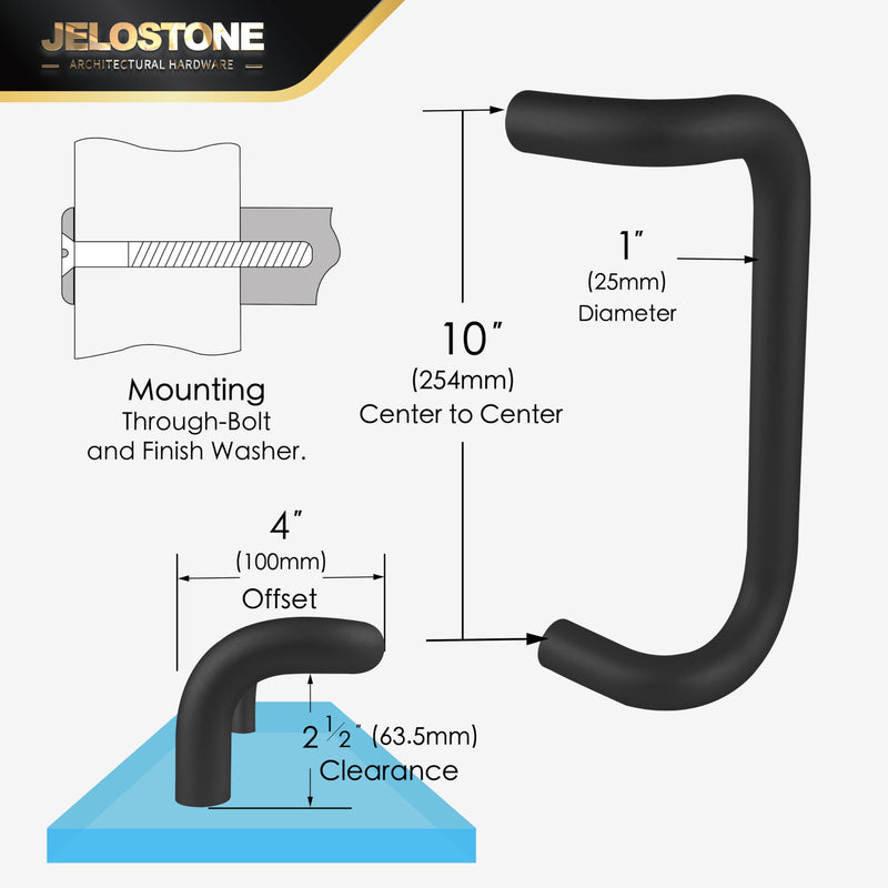 Aluminum 90-Degree Offset Solid Door Pull (Black Anodized), 1" Diameter x 10" Center-to-Center, Through Bolt Mounting for 1-3/4" Door, JS-8190HD Black Anodized