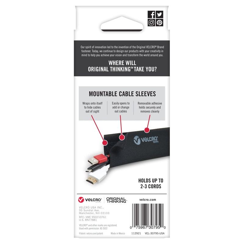 VELCRO Brand Mountable Cable Sleeve | Cord Management Mounts on Walls, Desk or Entertainment Center | Removable Adhesive is Damage Free | 8in Black, 2pk, 8in - 2Pk