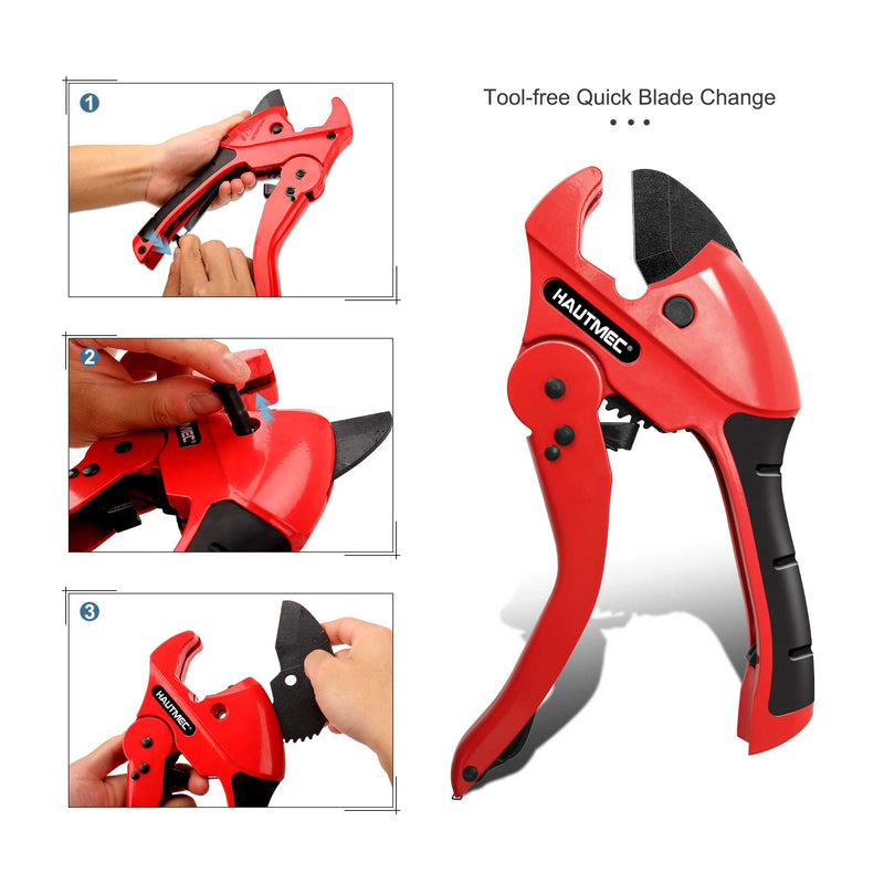 HAUTMEC PVC Pipe Cutter Tool Multifunction Ratchet-type Tube and PVC Cutters One-hand Fast Pipe Cutting Tool for Cutting Up to 1-5/8 inch 3-in-1 Tubes Wire and Trunking cutter HT0257-TC Multifunction Cutter