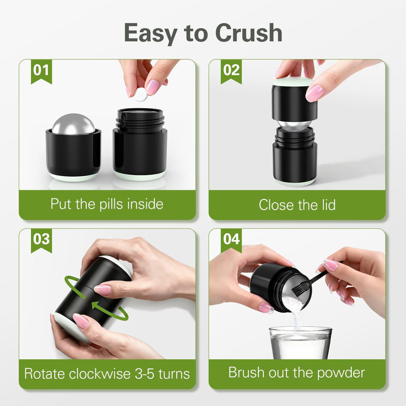 DEPAD Pill Crusher Stainless Steel, Pill Crusher Fine Powder, Pill Crushers for Elderly and Pets, Pill Grinder Fine Powder with Brush, Twist-to-Grind Black