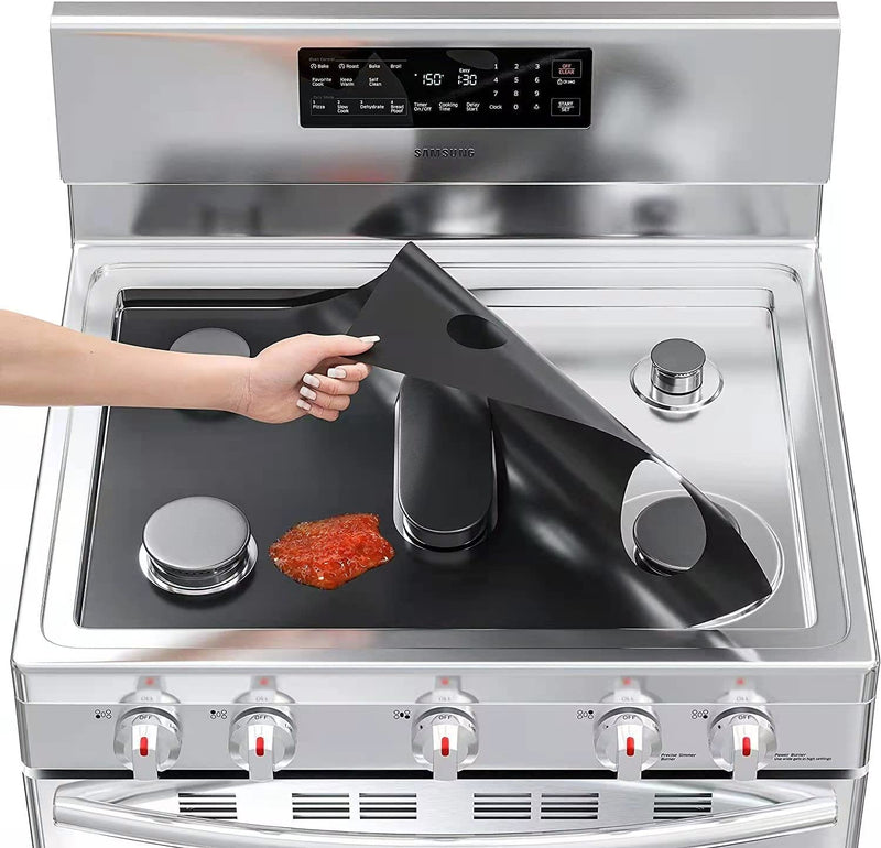 Stove Cover, Stove Covers Reusable Gas Range Protectors for Samsung Gas Range,0.3mm Reusable Gas Stove Burner Covers with 2PCS Silicone Stove Counter Gap Cover Long & Wide Gap Filler,Black-3pcs samsung mat+silicone cover