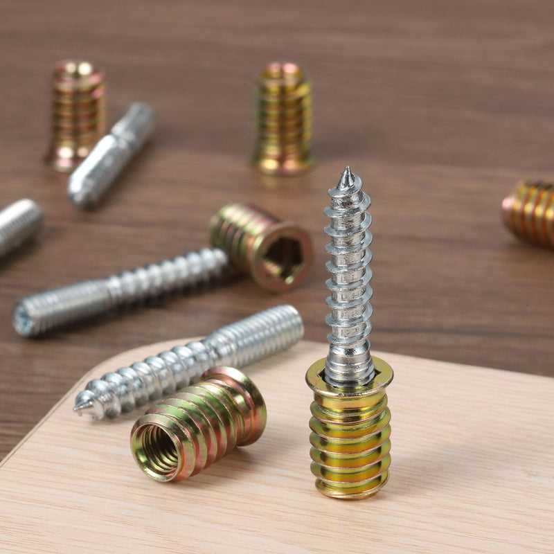uxcell M8x50mm Hanger Bolts, 8pcs 31mm Wood Dowel Screw Self-Tapping Screw with 8pcs M8x20mm Threaded Insert Nuts Interface Hex Socket Drive, for Joint Furniture Legs 8
