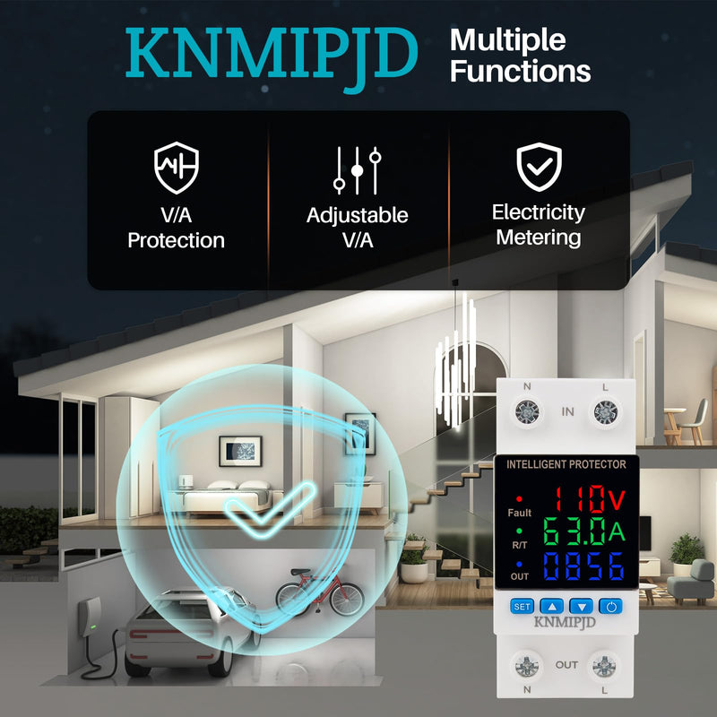 Adjustable Voltage Protector 110/230VAC 2P 63A Smart Breaker Adjustable Over Under Voltage Protection Three LED Display Voltage Current Electric Energy Intelligent Relays Reset Prote