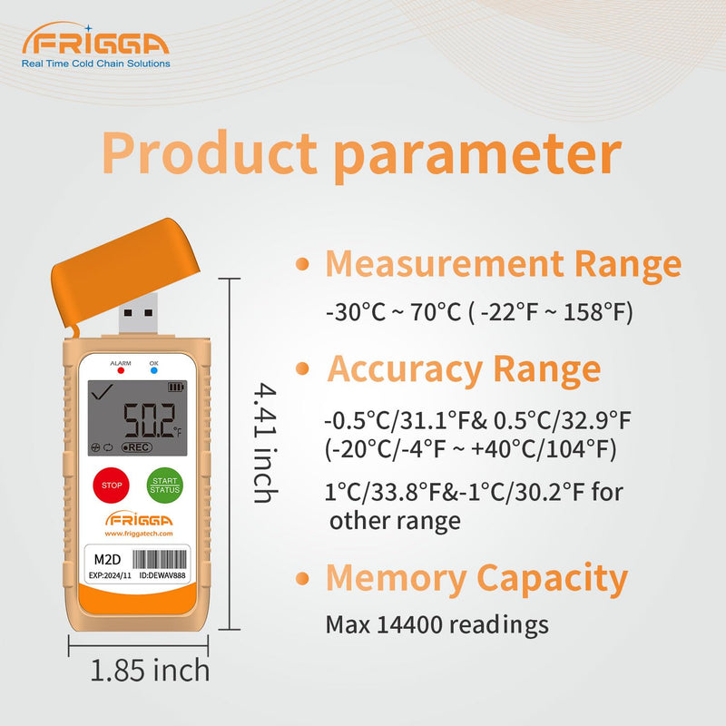 Frigga M2D Reusable Temperature Data Logger Multi-Use USB Digital Temperature Recorder 14400 Points High Accuracy Refrigerator Thermometer Logger PDF CSV Report 1pack