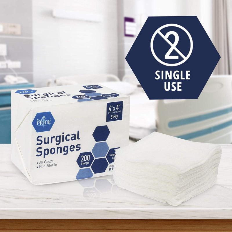 MED PRIDE Surgical Sponges 200 Pack 4'' x 4'', 8 ply -Gauze Pads Non sterile -First Aid Wound Care Dressing Sponge Woven Medical Nonstick, Non Adherent Mesh Scrubbing Bandages Disposable, Absorbent 200 Count (Pack of 1)