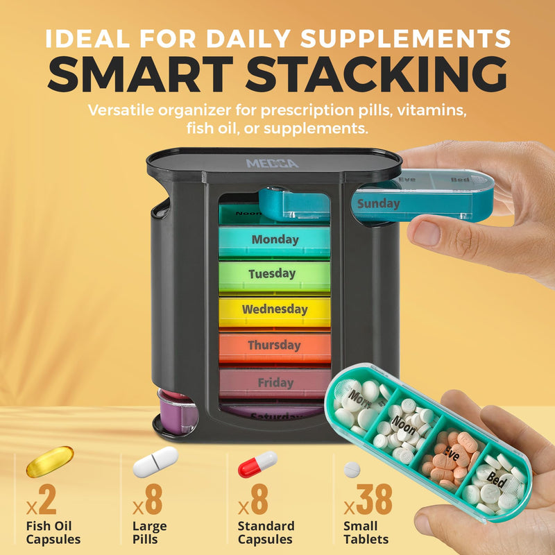Weekly Pill Organizer, 1 Dispenser, 7 Stackable Compartments Four Times-a-Day - Morning, Noon, Evening, and Bedtime, Black 1 Count (Pack of 1)