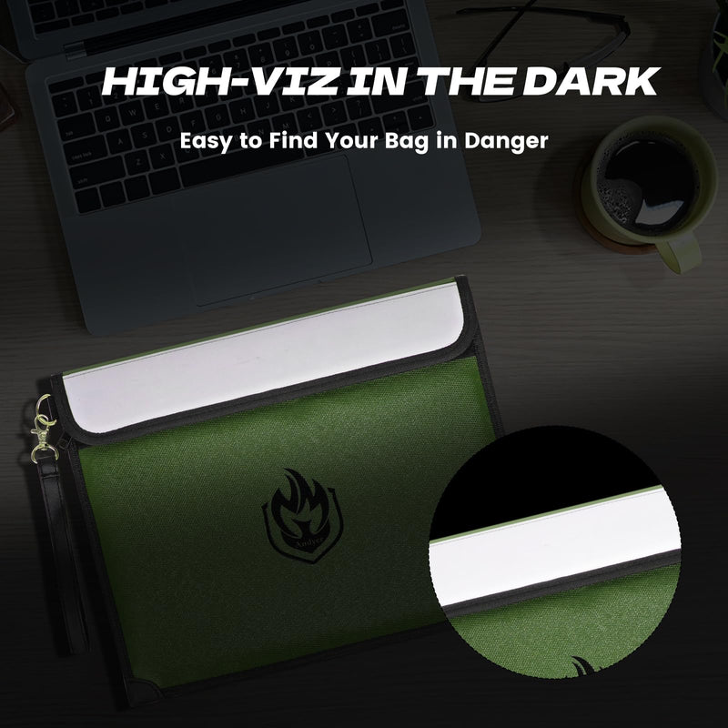 2 Pockets Fireproof Document Bag 6200°F, 10 Layers Waterproof Fireproof Money Bag for Cash with Reflective Strip, Heat Insulated Waterproof Document Holder Pouch, Fire Safe Storage (Green) Green