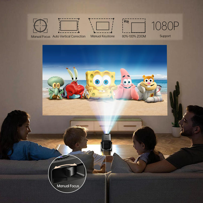 Mini Projector, Full HD 1080P Support Portable Outdoor Movie Projector, Smart Projector Compatible with Smartphone/TV Stick/Laptop/USB/HDMI, Indoor & Outdoor Use Standard System&Black