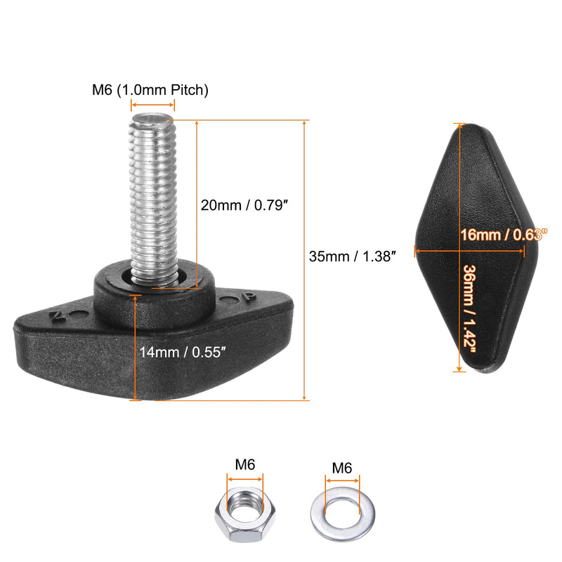 HARFINGTON 8pcs Tee Wing Knobs M6 x 20mm Metric Thread 36mm T Head Plastic Handles Thumb Screws Hand Clamping Threaded Stud Knob Grip Thumbscrew with Nuts Washers, Black
