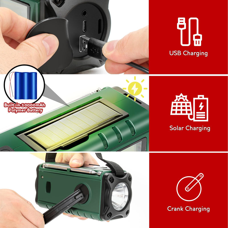 Emergency NOAA Weather Alert Radio with Solar & Hand Crank USB-C Charging Portable AM/FM Radio 3W Flashlight, Reading Lamp, Cell Phone Charger, SOS for Hurricane, Storm, Camping Emergencies Army Green