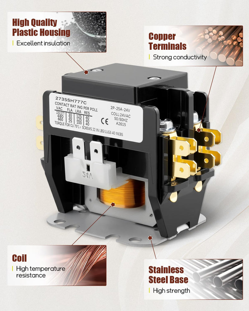 CONT2P025024VS Double Pole Contactor Fit for Goodman/Amana/Daikin/Kenmore, 24V, 25A, 2 Pole Condenser Contactor