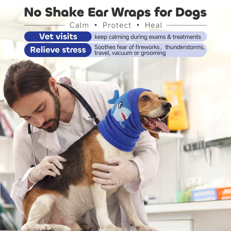 Nanaki Noise Cancelling Dog Ear Muffs for Anxiety Relief,Vet Visit,Travel-Breathable Dog Head Protection for Bath,Grooming No Shake Ear Wraps for Dogs Hematoma,Snoods for Eating Drinking Cute Shark XL(head:17.3-20.5in) Blue