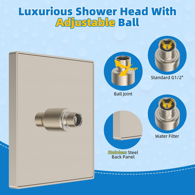 Hibbent cUCPC Certified Metal Shower Head, 8'' High Pressure Rainfall Shower Head, Bathroom Waterfall Shower Heads, High Flow Fixed Showerheads with Adjustable Brass Ball Joint, Brushed Nickel Square 8''