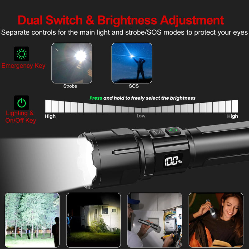 Flashlight 20000 High Lumens Rechargeable - 2 Pack 30W Super Bright LED Flash Light | 24H Long Lasting & 5000ft Beam USB C High Powered Handheld Police Flashlight for Home/Camping/Hiking/Emergency Black