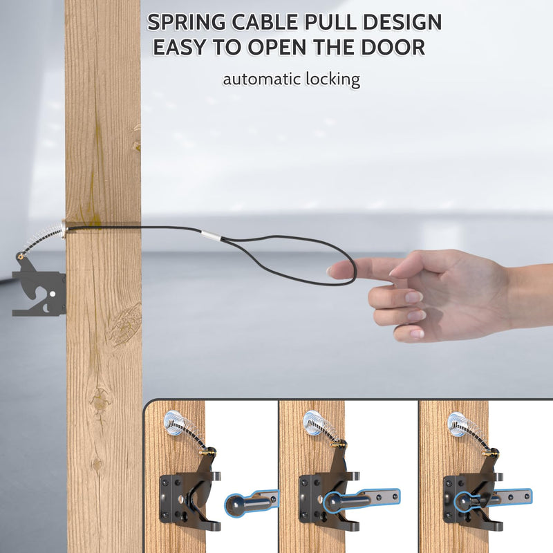 4Pack Gate Latch with Spring Cable Pull for Fence Gate - Carbon Steel - Black,Self Locking Fence Gate Latch,Gate Latch for Wooden Fence,Fence Door Latch (4, Black) 4