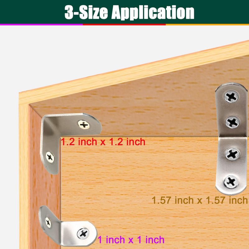 3 Sizes Stainless Steel Corner Braces L Bracket 90 Degree Right Angle Bracket Joints L Shaped Corner Bracket Fastener with Screws, 12 Sets 3 size/ 1in/ 1.2in/ 1.57in
