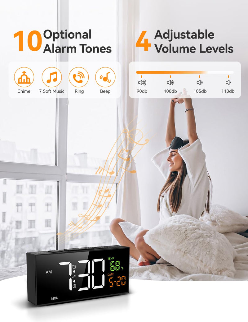 Netzu Alarm Clocks for Bedrooms, Digital Clock with Date Temperature and Weekday, Manual DST, Snooze, 2 Alarms, 4 Volumes for Living Room Home Bedside Desk (Black) Black