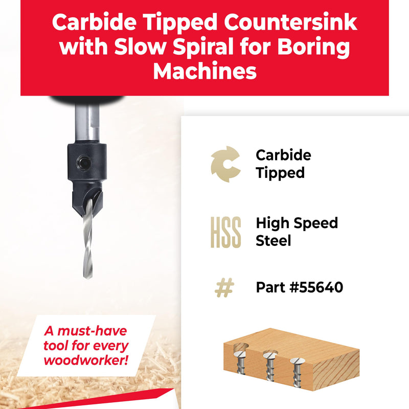 Amana Tool Carbide Tipped Countersink Drill Bit, Compatible with Boring Machines, 55640, 1/2 D x 45 Degree x 60mm Long x 10mm Shank
