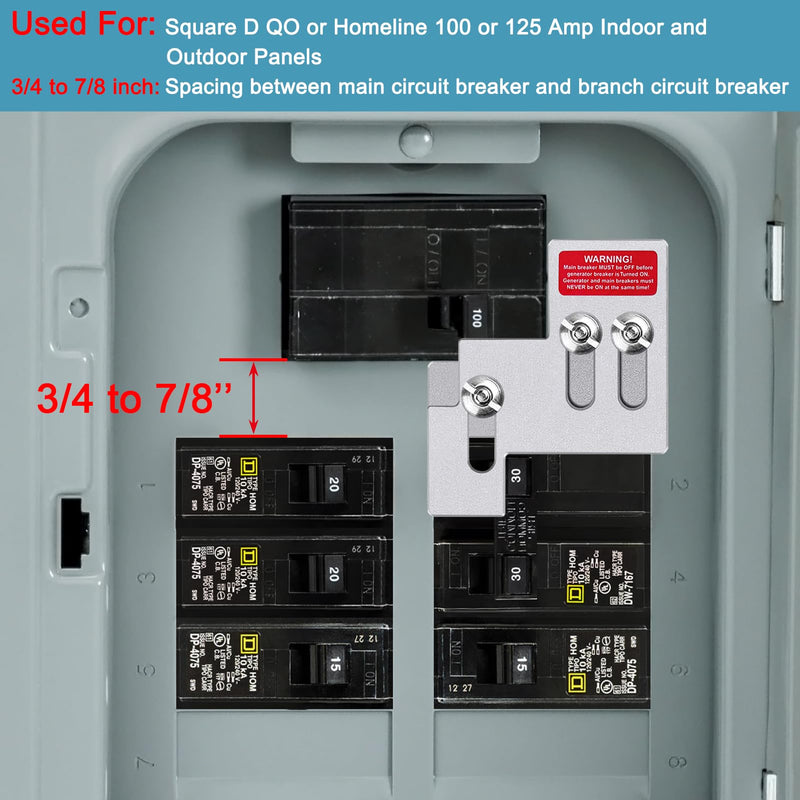 Generator Interlock Kit for Square D QO or Homeline 100 or 125 Amp Panels, 3/4 to 7/8 Inches Spacing, Professional and Interlock Kit for Square D Homeline and QO 100 A Indoo or Outdoor