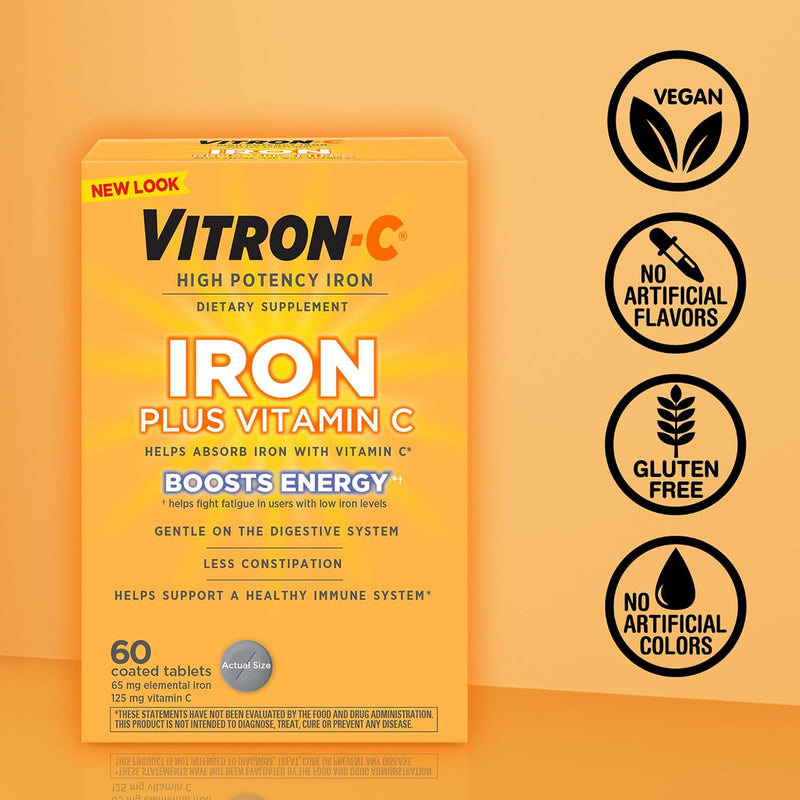 Vitron-C High Potency Iron Supplement with 125 mg Vitamin C, Dye Free, Vegan, Gluten Free, 60 Count