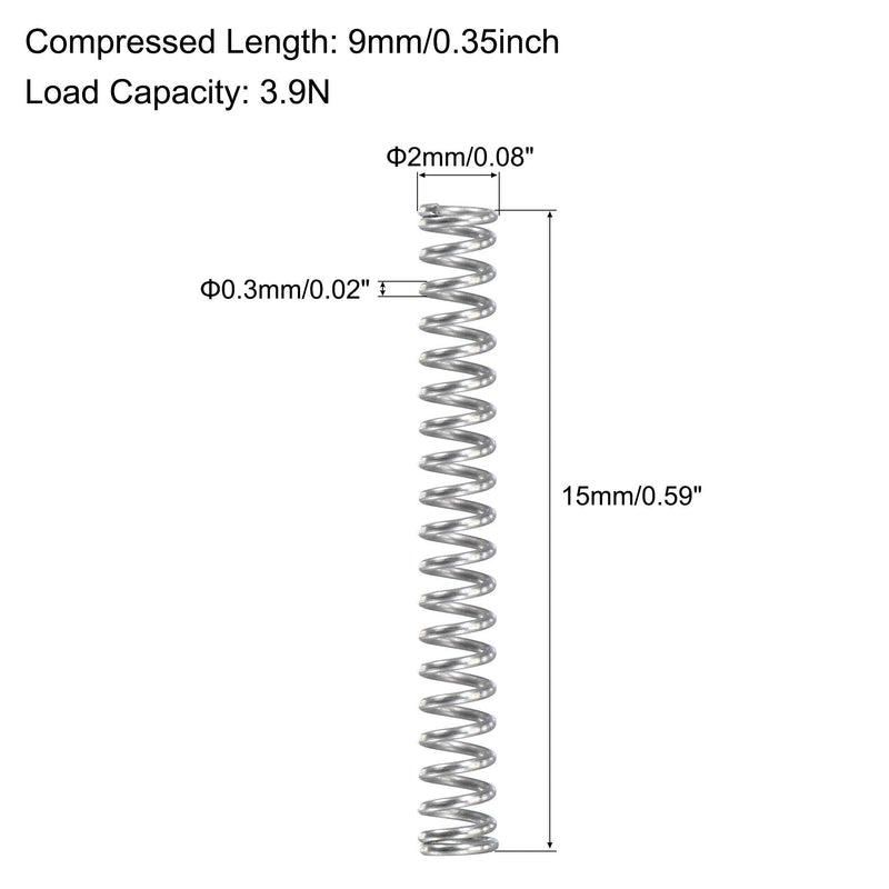 uxcell Compression Spring,304 Stainless Steel,2mm OD,0.3mm Wire Size,9mm Compressed Length,15mm Free Length,3.9N Load Capacity for Home Projects, Silver Tone, 10pcs 15mm