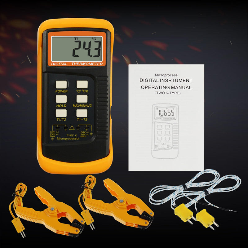 K Type Thermocouple Thermometer (-50~1300°C), Dual Channels Digital Thermometer with 2 Temperature Clamp 2 Wired Thermocouple Probes, High Accuracy Temperature Kelvin Scale Meter Tester