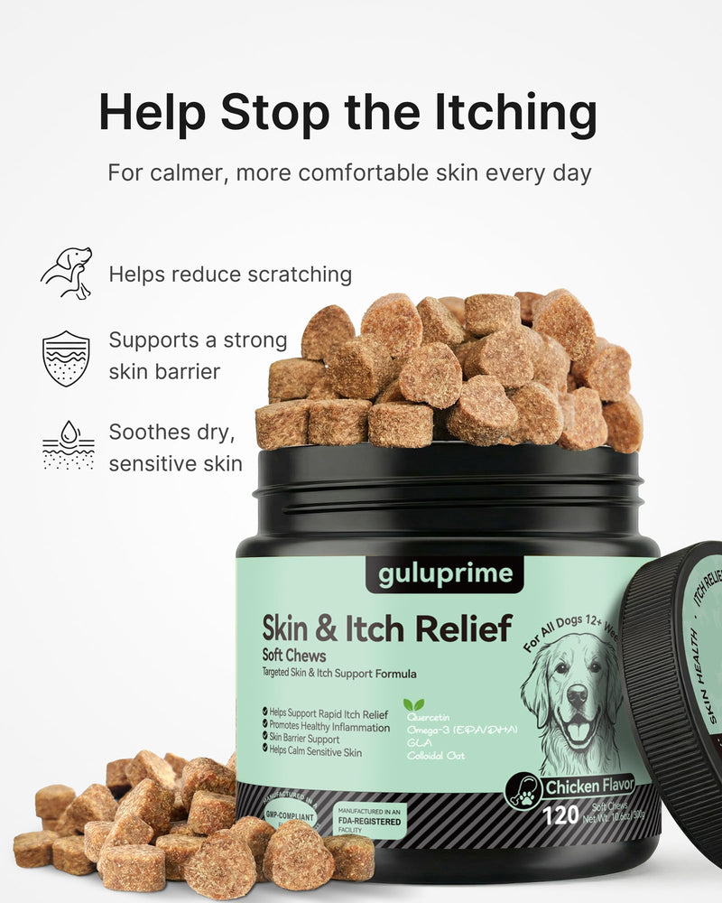 Dog Itch Relief Chews for Dogs – Itchy Paws & Paw Licking Support, Anti Itch Soft Chews for Itchy Skin, Daily Skin & Coat Supplement, 120 Chews Chicken