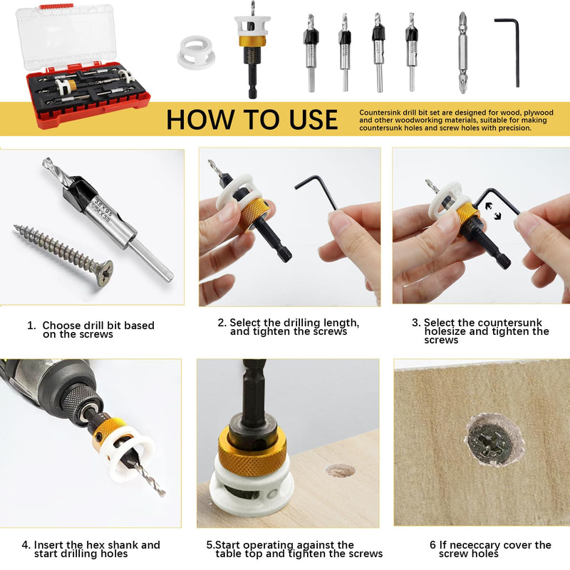 Countersink Drill Bits Set with Low Friction Depth Stop, 1/4" Quick Change Hex Shank Countersink Drill with Replaceable HSS Pilot Drill Bit, Counter Sink Drill Bit for Woodworking