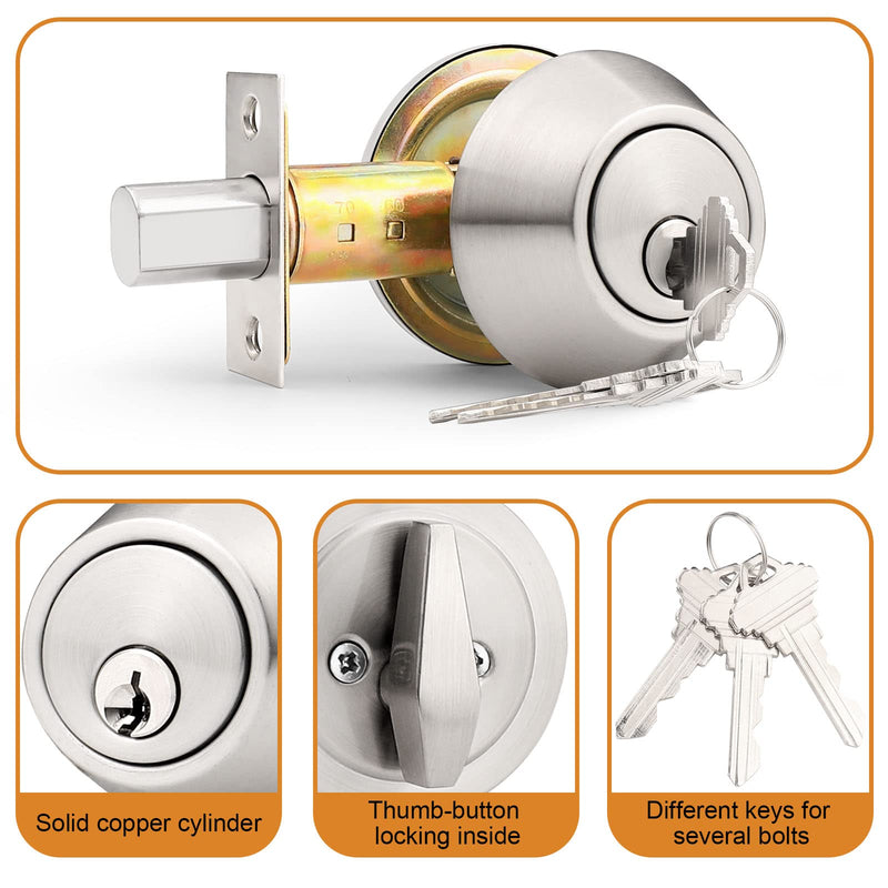 Probrico 1 Side Keyed Cylinder Deadbolt in Brushed Satin Nickel, Keyway Keys Handleset, 3 Keys Anti-Theft Interior& Exterior Door Hardware (for Entrance Lock and Front Gate) 1 Pack Brushed Nickel