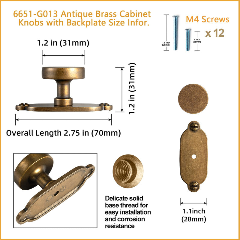Goo-Ki 6 Pack Antique Brass Cabinet Knobs with Backplate Zinc Alloy Kitchen Hardware - Vintage Brass Bar Drawer Knobs Single Hole/Screw Cabinet Pulls with Spacer