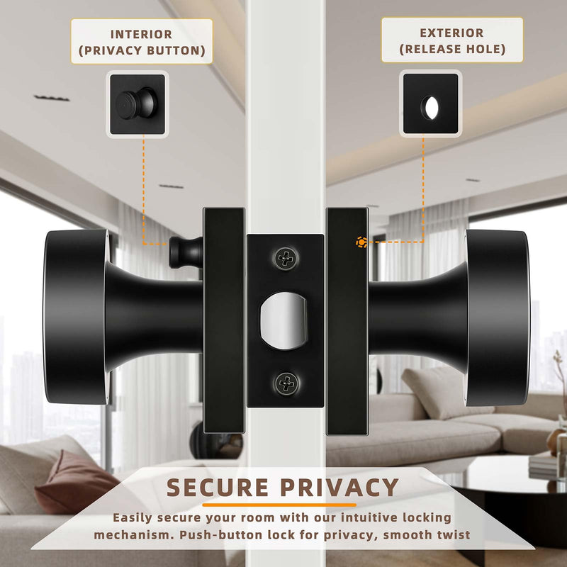 HIMEETIME Matte Black Door Knobs Interior with Lock, Modern Square Door Handle for Bedroom Bathroom Privacy