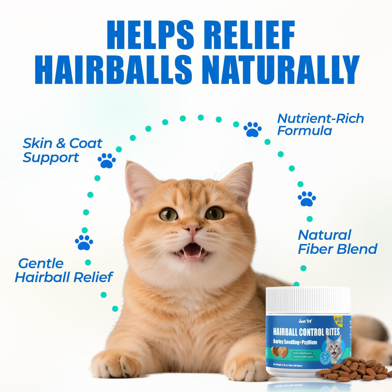 Just Try 300 Bites Hairball Control Cat Treats - Hairball Treatment & Relief for Cats - with Cat Grass, Pumpkin, & Omega-3 Fish Oil, Crunchy Chicken Flavor Crunchy Bites Hairball Support
