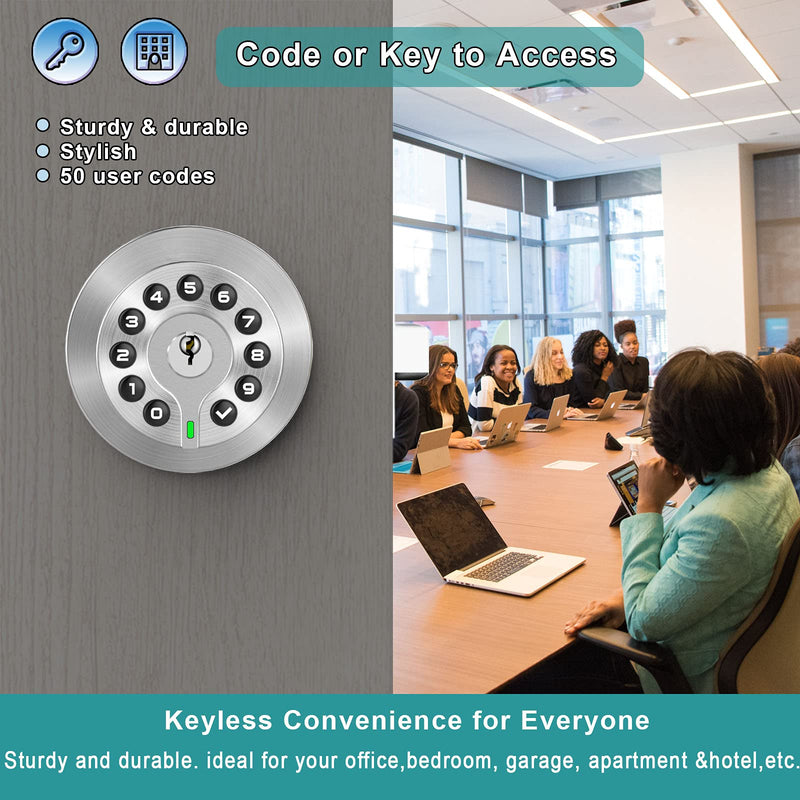 Keypad Door Knob with Key,Keyless Entry Door Lock, Code Locks Door Knob, Auto Lock,50 User Code,Easy to Install,for Home,Office,Hotel,Bedroom,Garage,No Deadbolt Satin Nickel