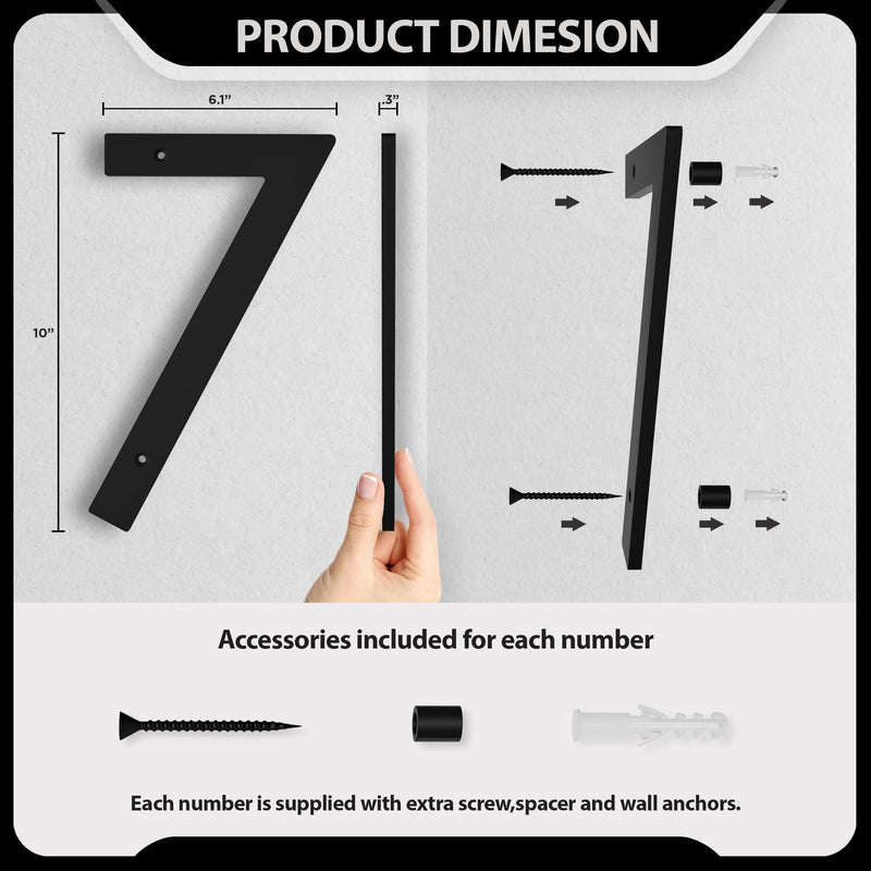 10 Inch Modern Floating House Numbers for Outside, Large Black Address Number with Nails Kit & Template, Easy to Mount for Exterior House Address - Ideal for Garage Gates, Streets, and Farmhouses, Numbers for Address on House (Number 7)