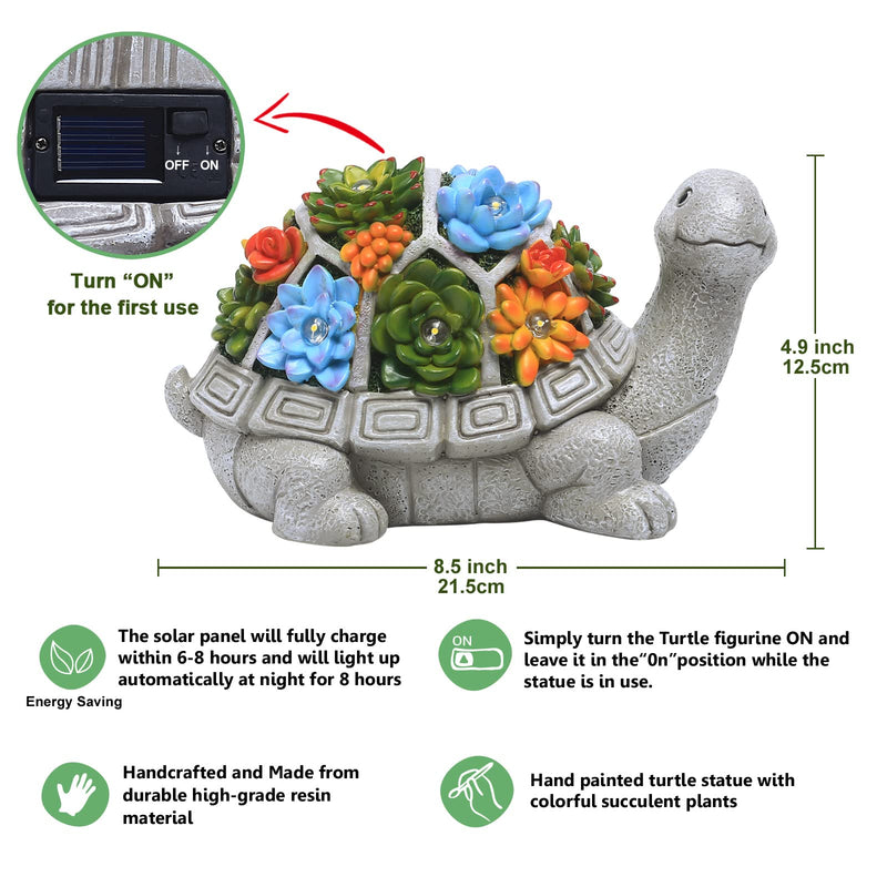 Nacome Solar Garden Outdoor Statues Turtle with Succulent and 7 LED Lights - Lawn Decor Tortoise Statue for Patio, Balcony, Yard Ornament - Unique Housewarming Gifts Grey Turtle