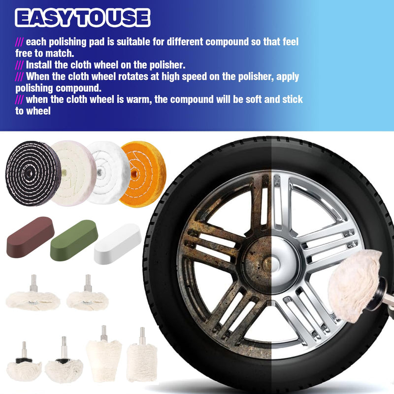 13Pcs Buffing Wheels with 1/4" Drill Shank and Polishing Compounds Kit for Drill, Buffer Wheels Pads for Stainless Steel Aluminum Glass Chrome Jewelry Wood Plastic Ceramic