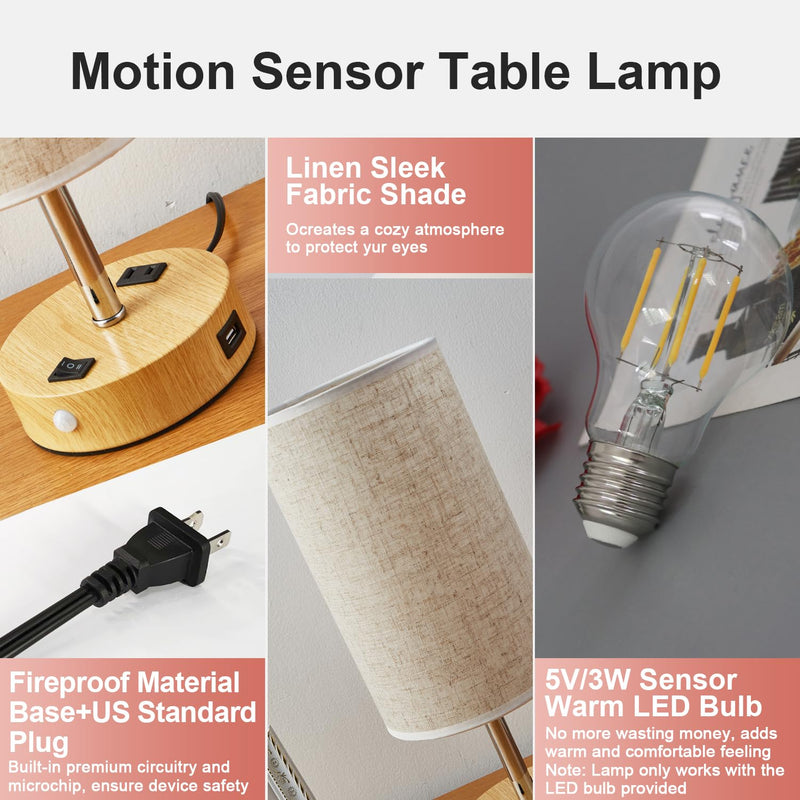 Table Lamp with Motion Sensor or Constant on Mode, USB Lamp Include One LED Bulb, Built in 1 USB Port & 1AC Outlet, Bedside Lamp Idea for Bedroom, Hallway, Bath Room Beige
